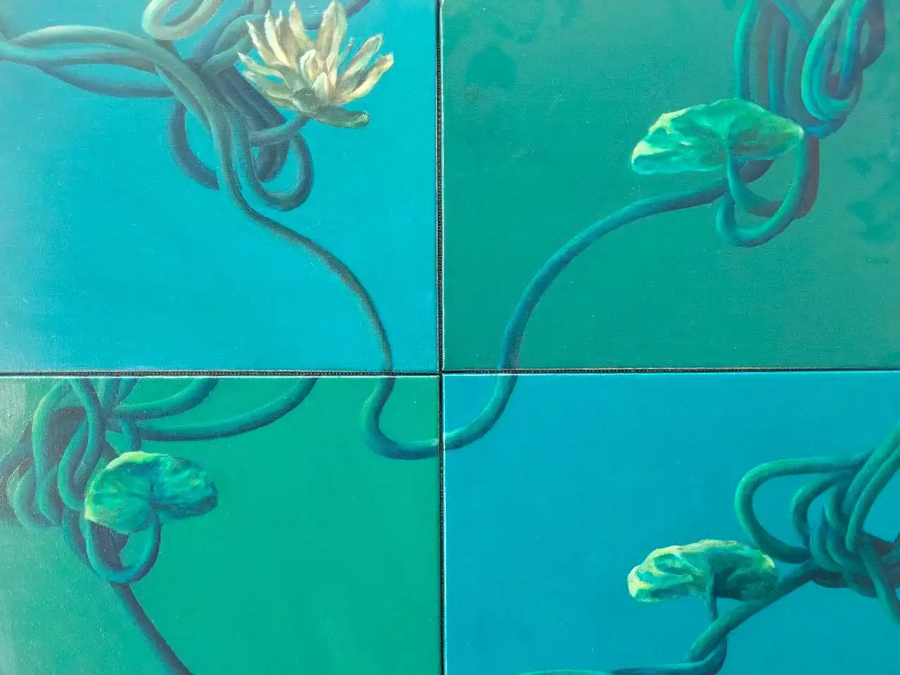 Contemporary Cambodian waterlily painting with organic shapes and teal tones, Khmer art gallery in Siem Reap